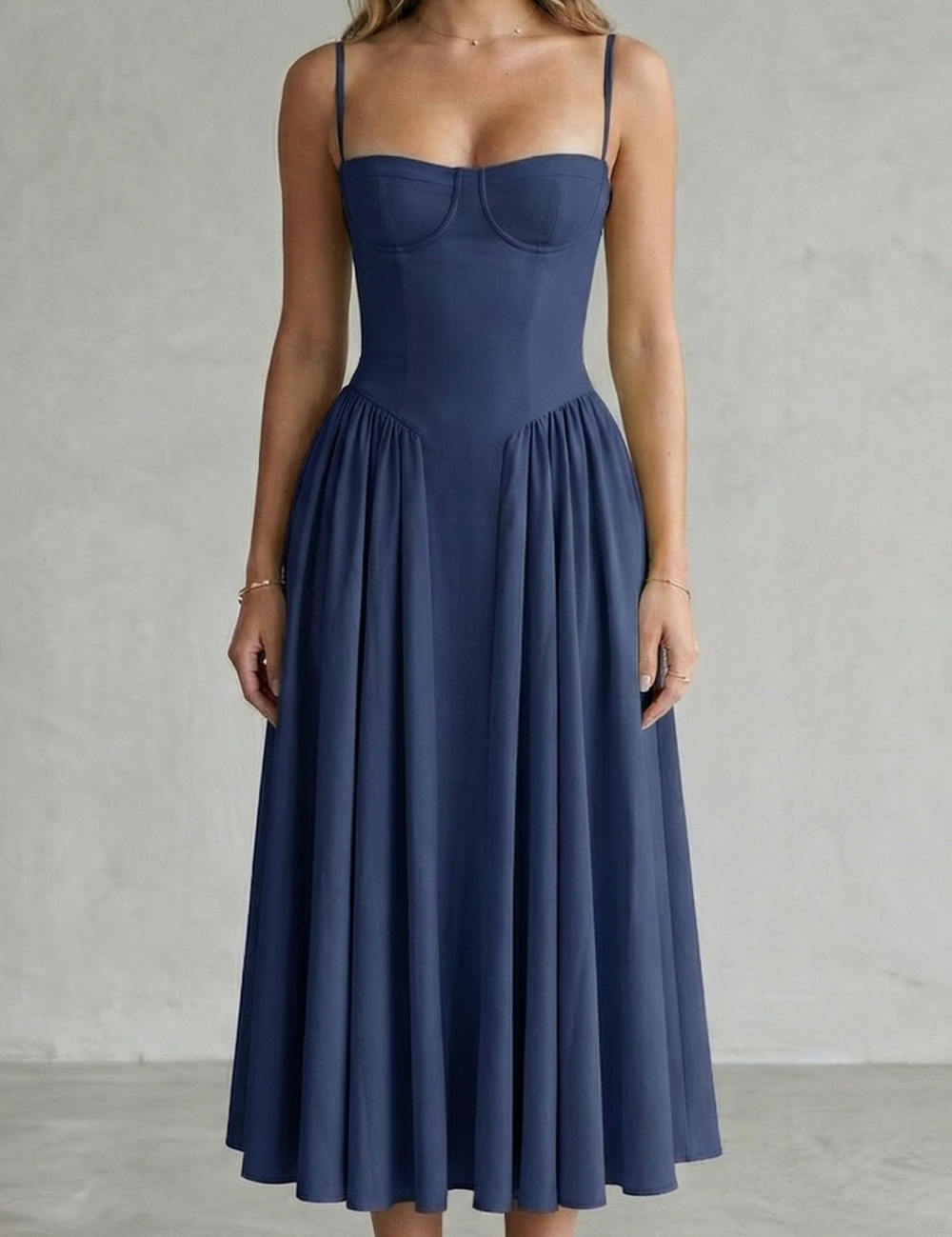 Imogen Hall | Sage Green Corset Midi Dress with Pleated Skirt