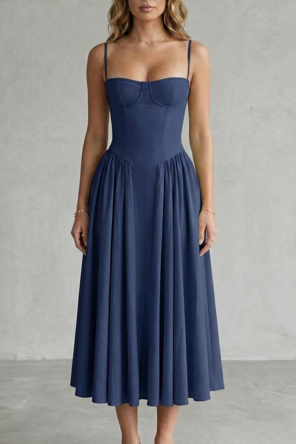 Imogen Hall | Sage Green Corset Midi Dress with Pleated Skirt