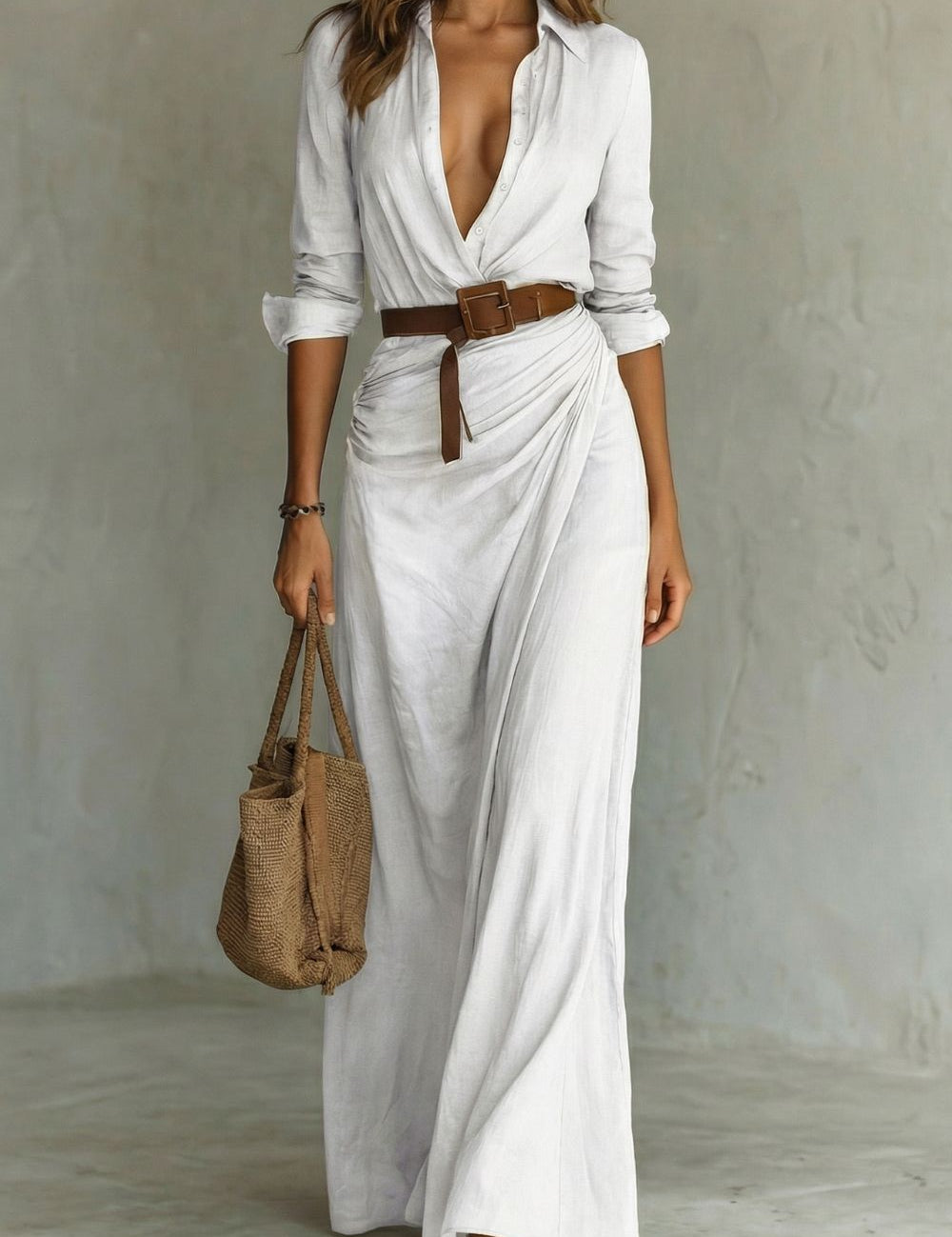Elowen Harris | Deep V-Neck Belted Maxi Shirt Dress in Khaki