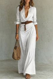 Elowen Harris | Deep V-Neck Belted Maxi Shirt Dress in Khaki