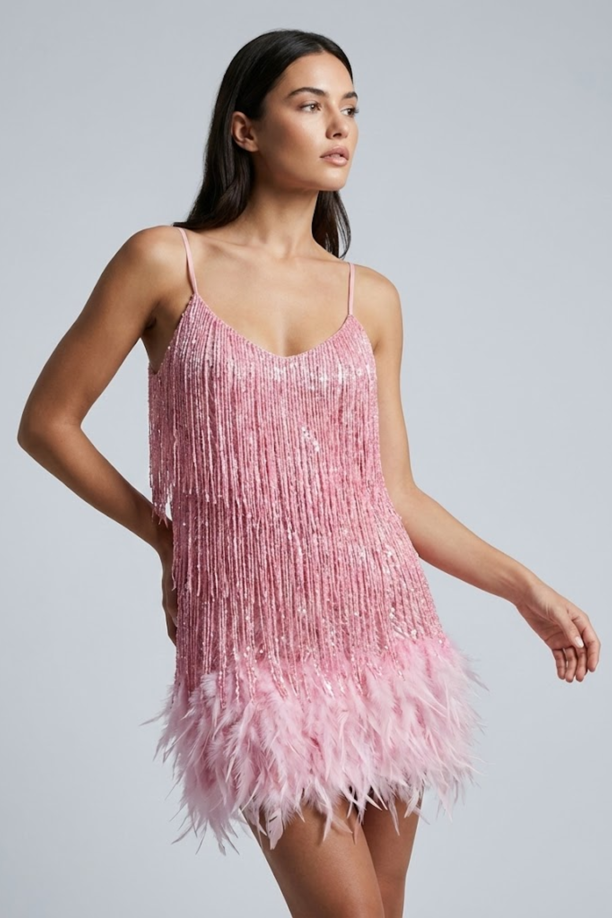 Phoebe Harrison | Emerald Sequin Feather Trim Mini Dress