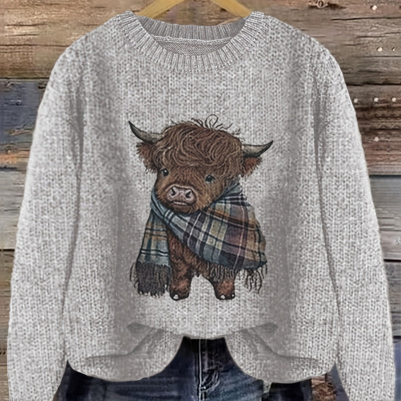 Rosamund Hartley | Pull en grosse maille à imprimé vache des Highlands