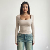 Matilda Jones | Square Neck Long Sleeve Sculpting Top in Beige