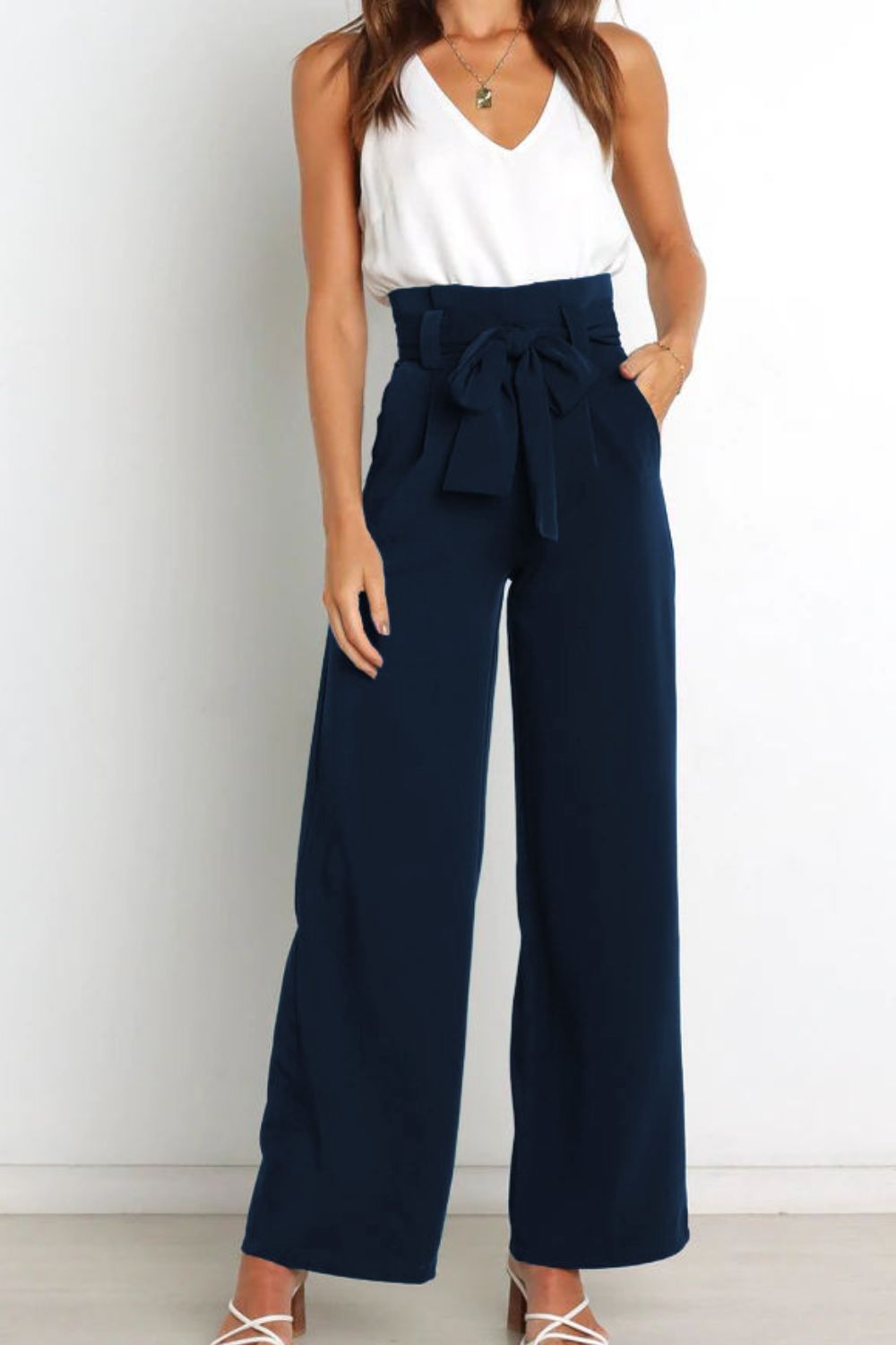 Isabelle Fontaine | Navy High Waist Paperbag Trousers with Bow Detail