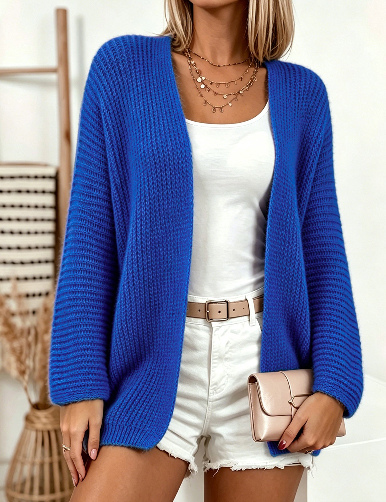 Lydia Robinson | Cardigan en maille côtelée violette ouvert sur le devant