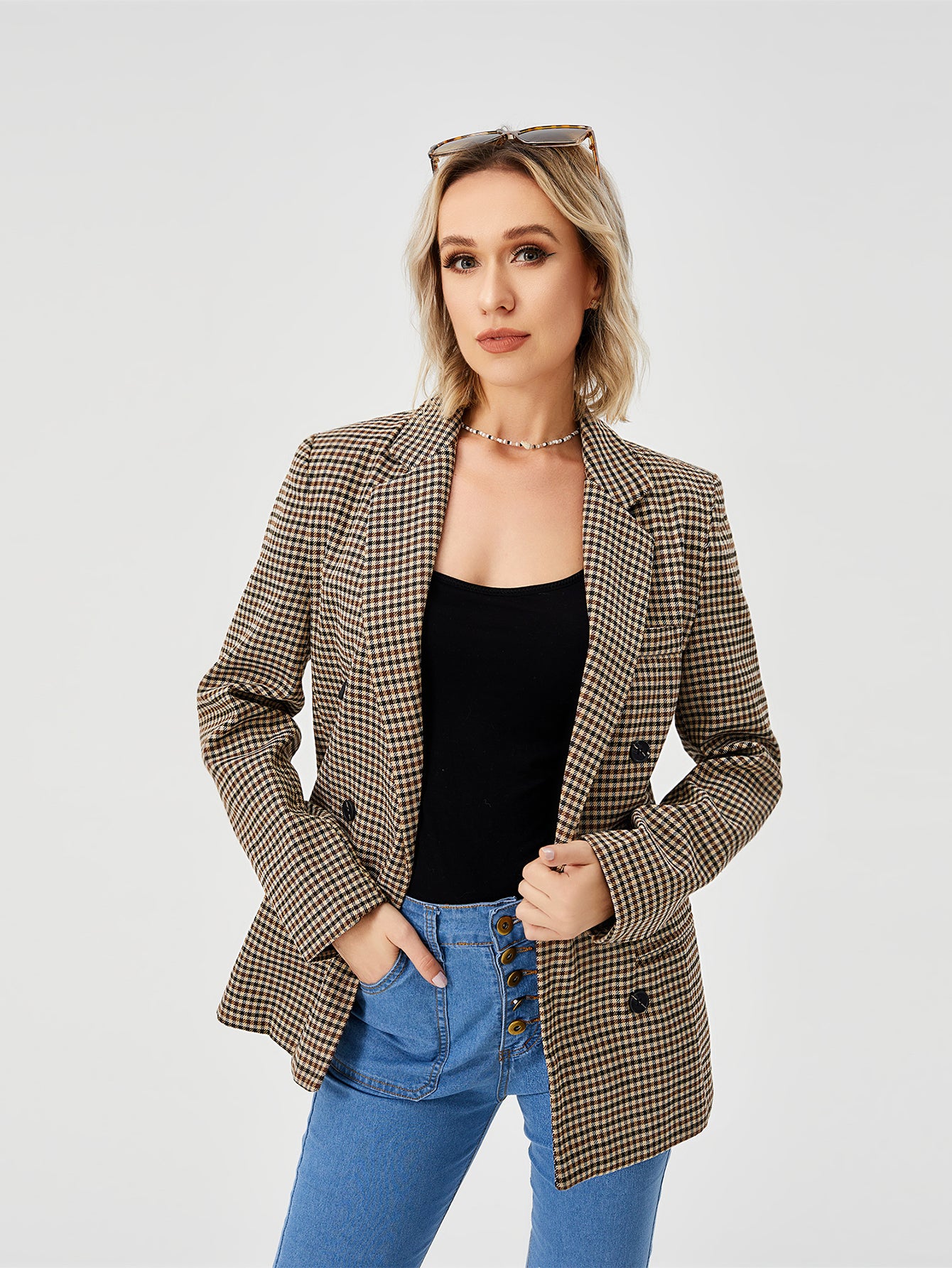 Charlotte Bennett | Houndstooth Work Jacket With Double-Breasted Lapel