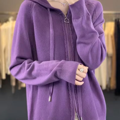 Harriet Turner | Beige Cable-Knit Zip-Up Hoodie Cardigan