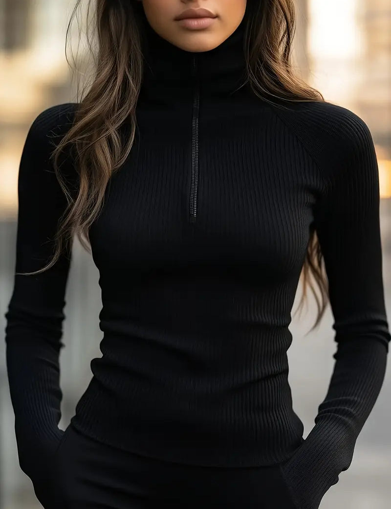Cecily Wilson | Ribbed Knit Zip Mock Neck Top For Women