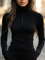 Cecily Wilson | Ribbed Knit Zip Mock Neck Top For Women