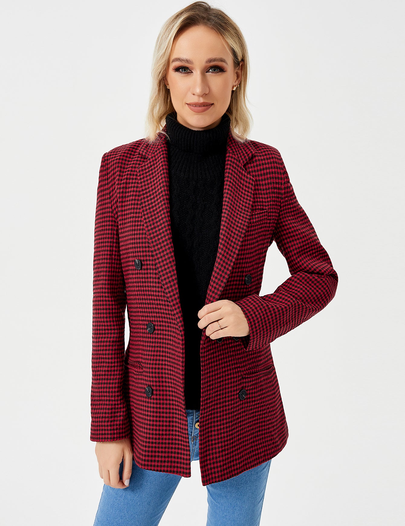 Charlotte Bennett | Houndstooth Work Jacket With Double-Breasted Lapel