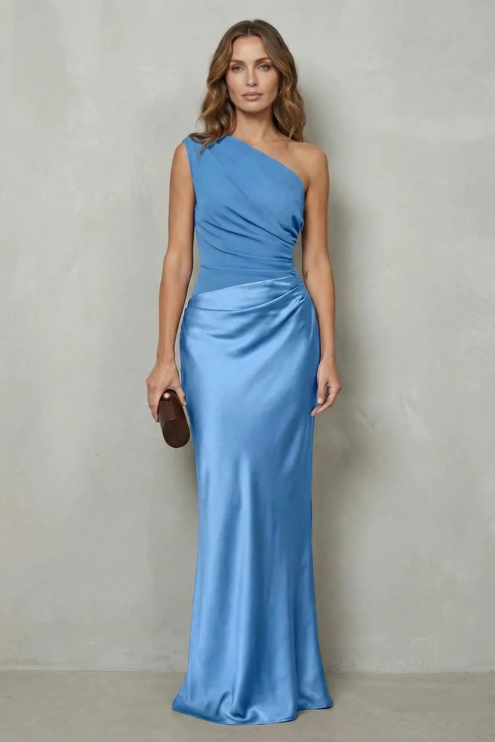 Penelope Scott | One-Shoulder Satin Maxi Dress in Chocolate Brown