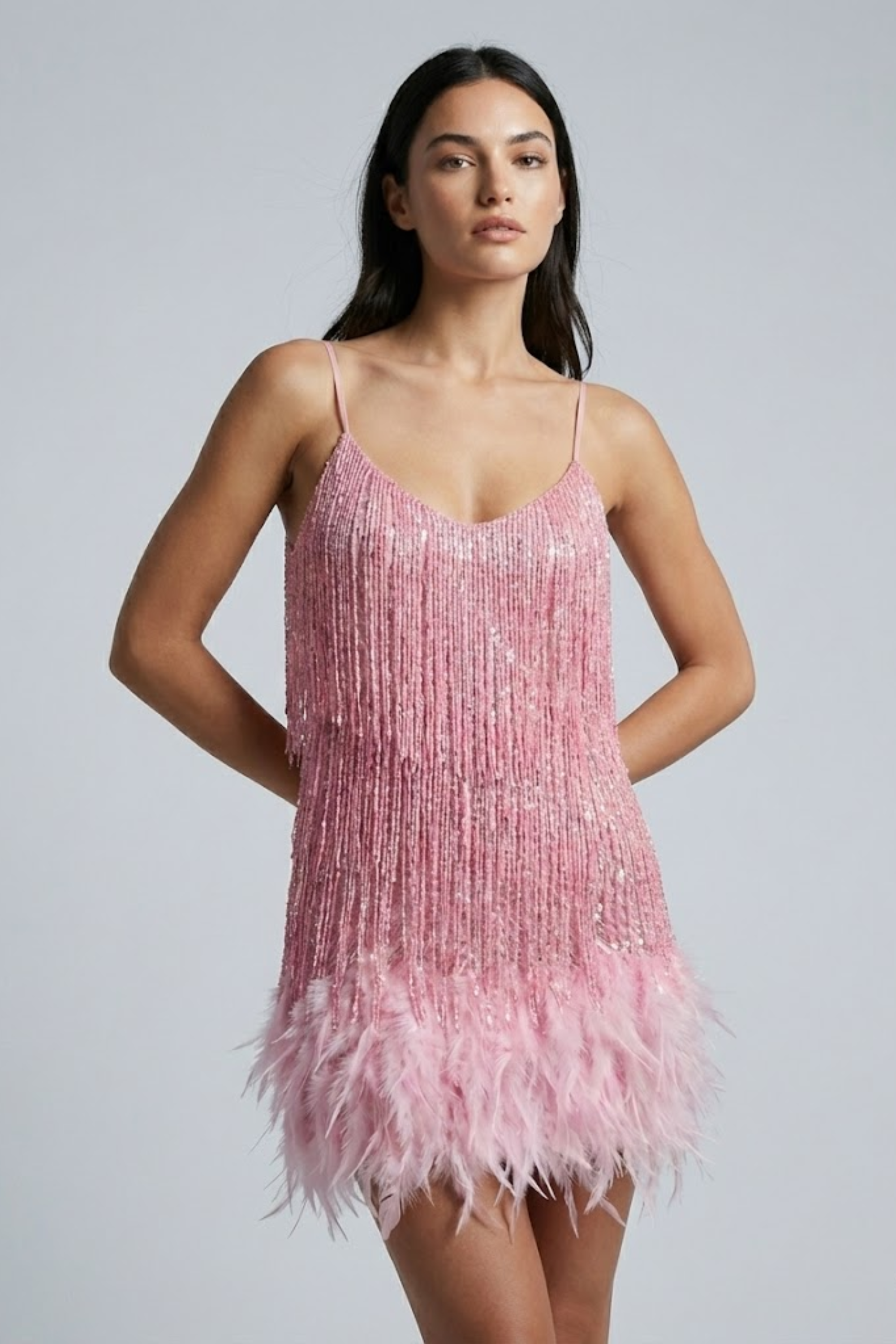 Phoebe Harrison | Emerald Sequin Feather Trim Mini Dress