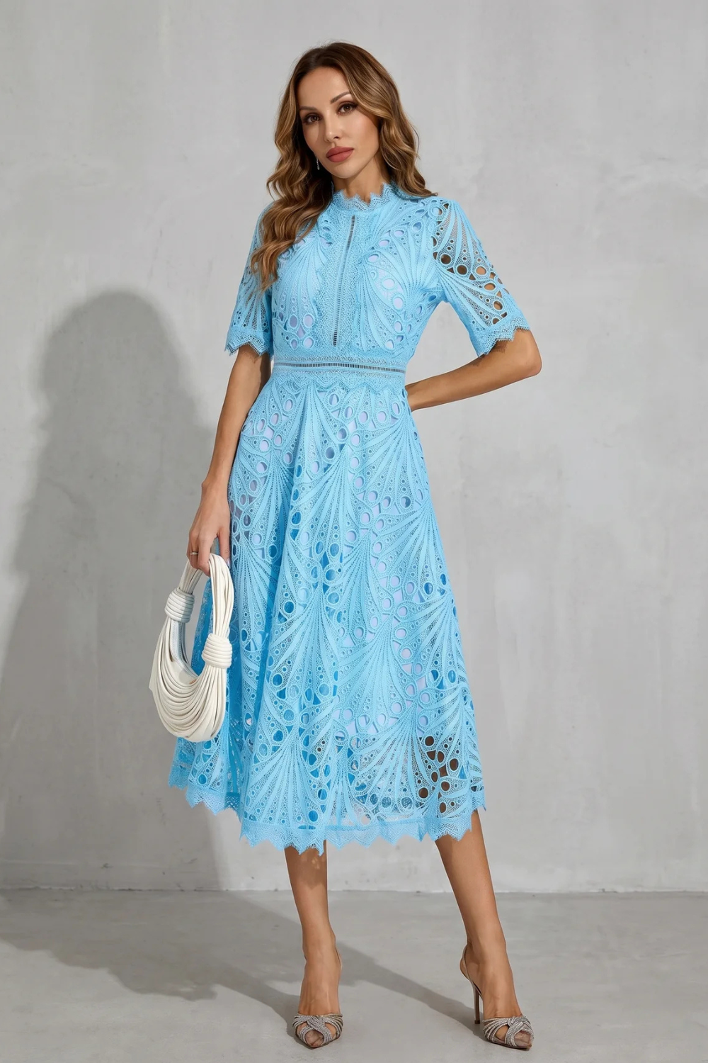 Cecily Hartwood | Hot Pink Lace High-Neck Midi Dress