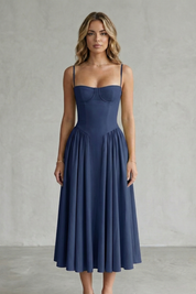 Imogen Hall | Sage Green Corset Midi Dress with Pleated Skirt
