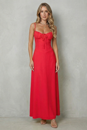 Elspeth Fairwood | Butter Yellow Corset Maxi Dress with Ruched Tie Bust