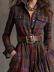 Cecily Hartwood | Robe-chemise longue à carreaux tartan verts avec ceinture