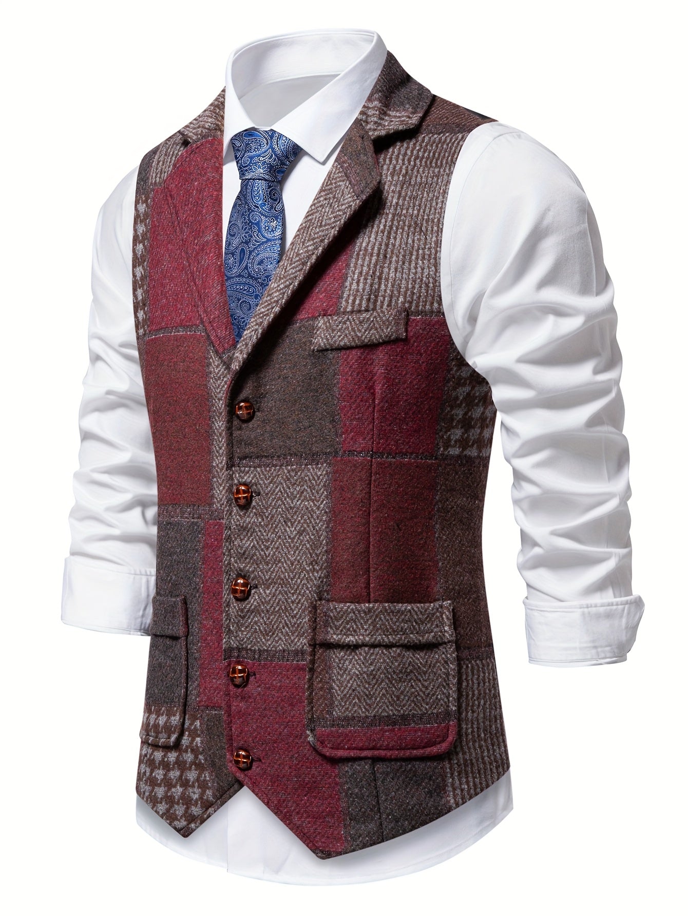 Penelope Shaw | Gilet en tweed patchwork bordeaux et marron