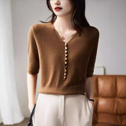 Georgina Hughes | Green Knit V-Neck Button Top