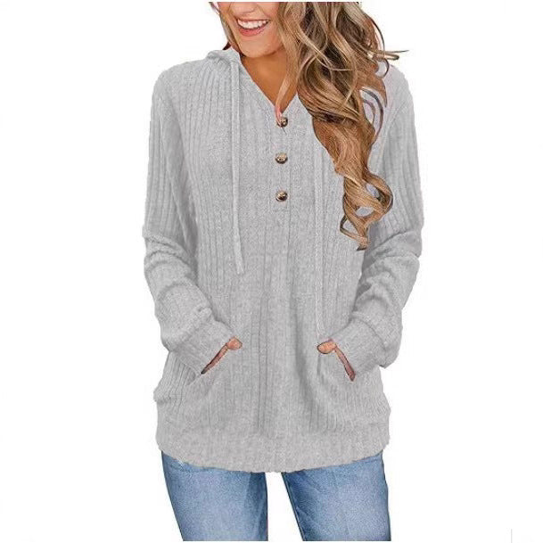 Harriet Baker | Ribbed Button-Front Hoodie Sweater