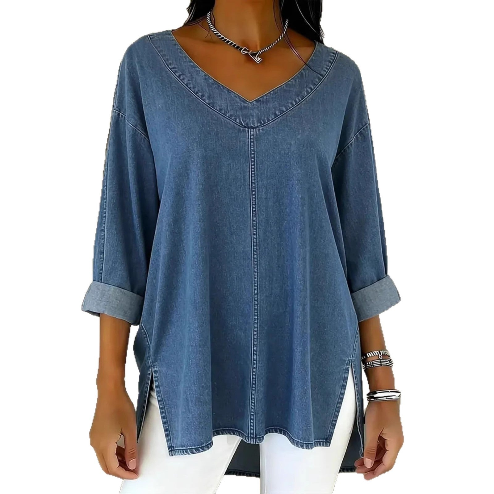 Amelia Kensington | Denim V-Neck Blouse For Women