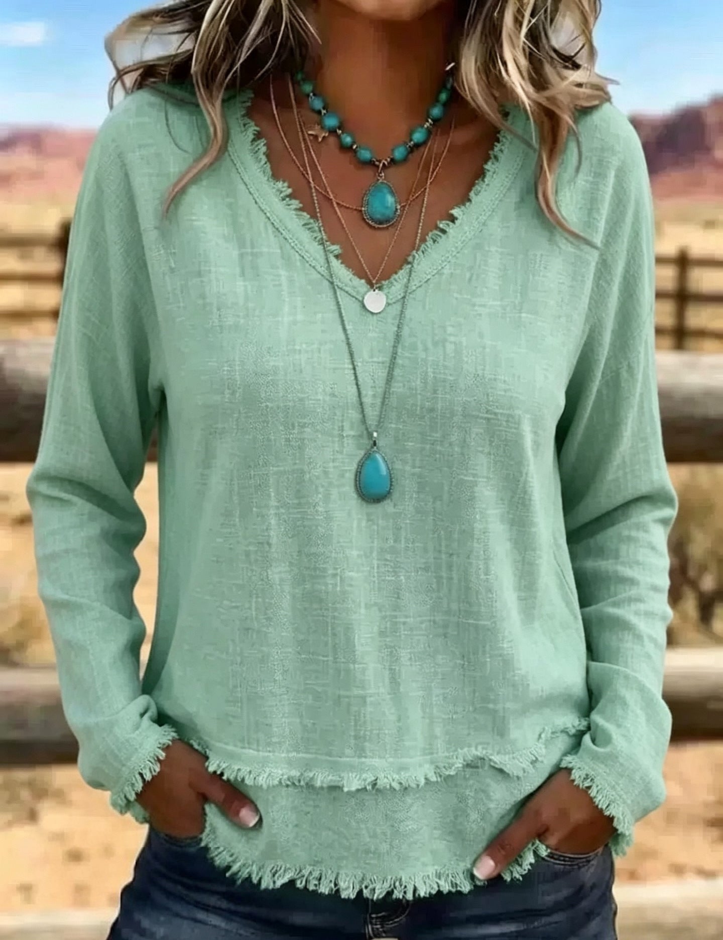 Susannah Fairweather | Pink Frayed-Edge V-Neck Top