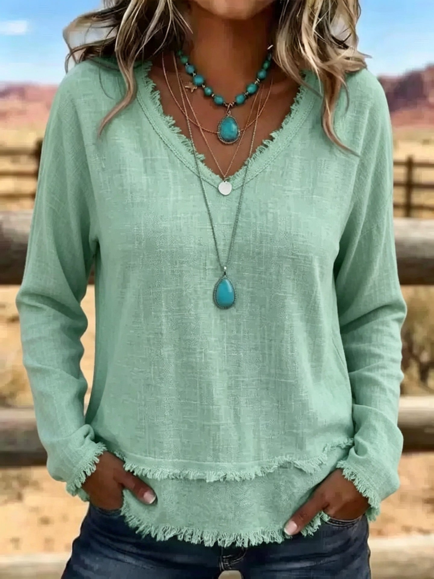 Susannah Fairweather | Pink Frayed-Edge V-Neck Top