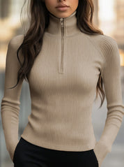 Olivia Thomas | Ribbed Zip Turtleneck Knit Top