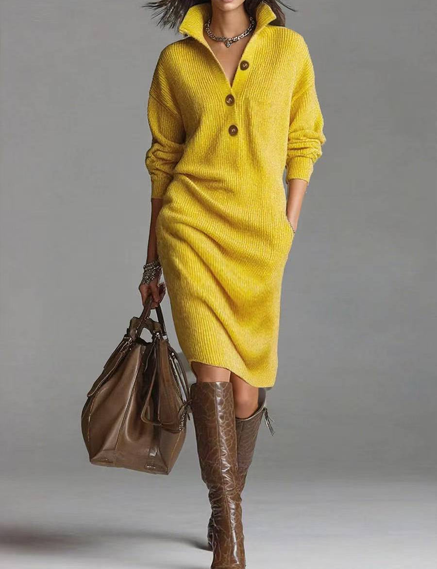 Emma Roberts | Ribbed Knit Midi Dress With Button Collar