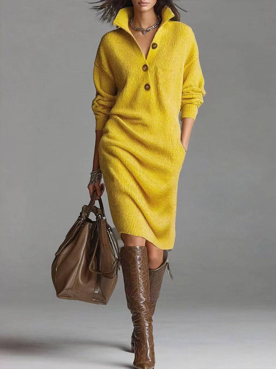 Emma Roberts | Ribbed Knit Midi Dress With Button Collar