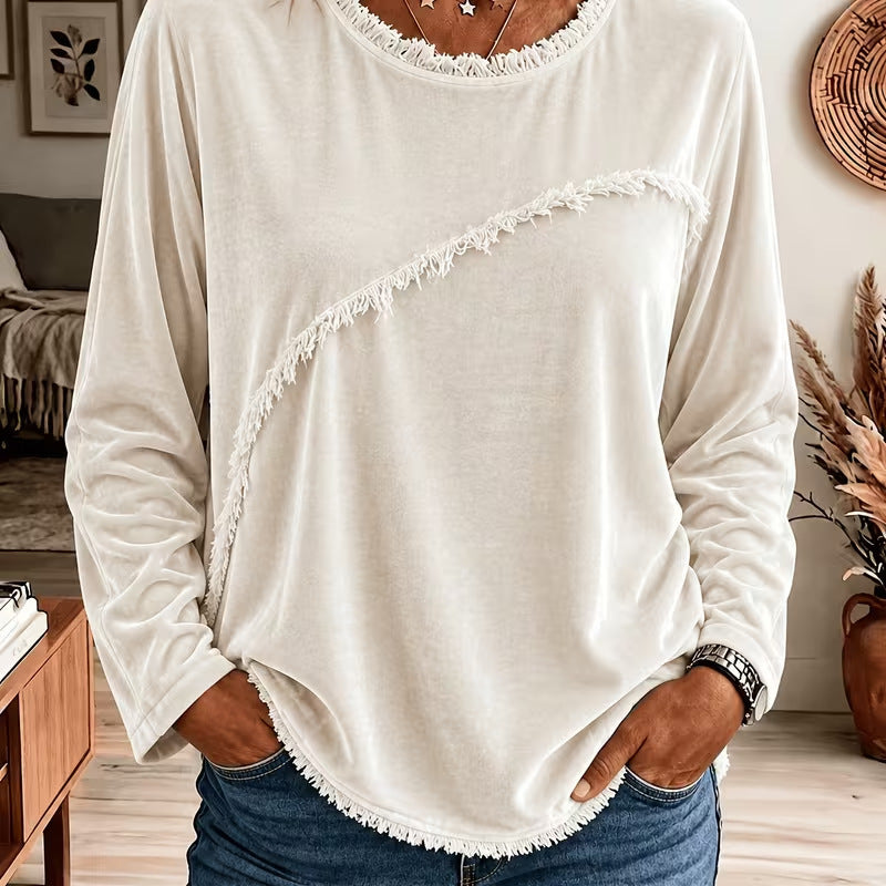 Daisy Wood | Velvet Tassel-Trim Round Neck Long Sleeve Top