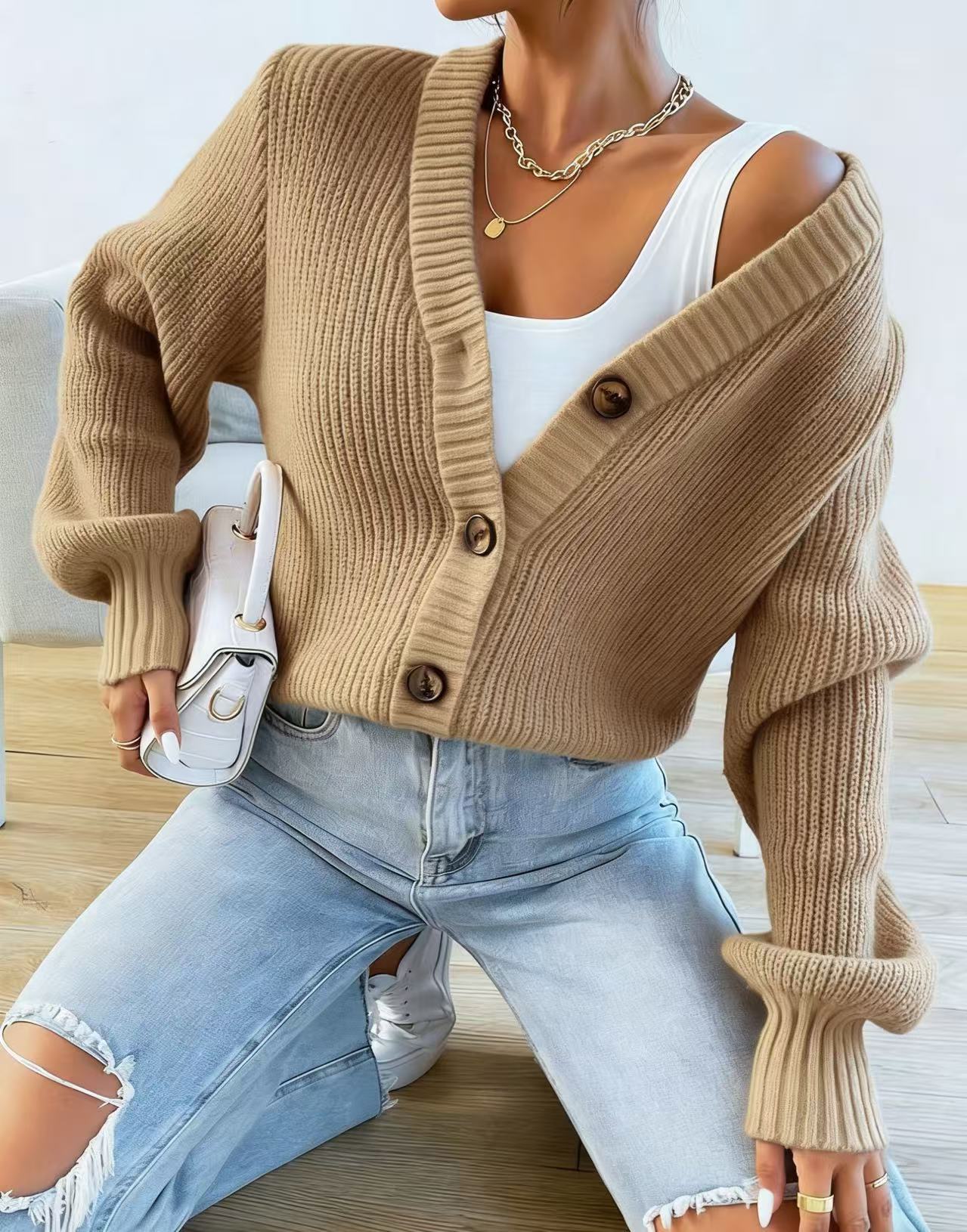 Orla Brown | Green Ribbed Knit Button-Front Cardigan