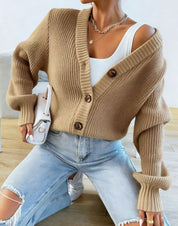 Orla Brown | Green Ribbed Knit Button-Front Cardigan
