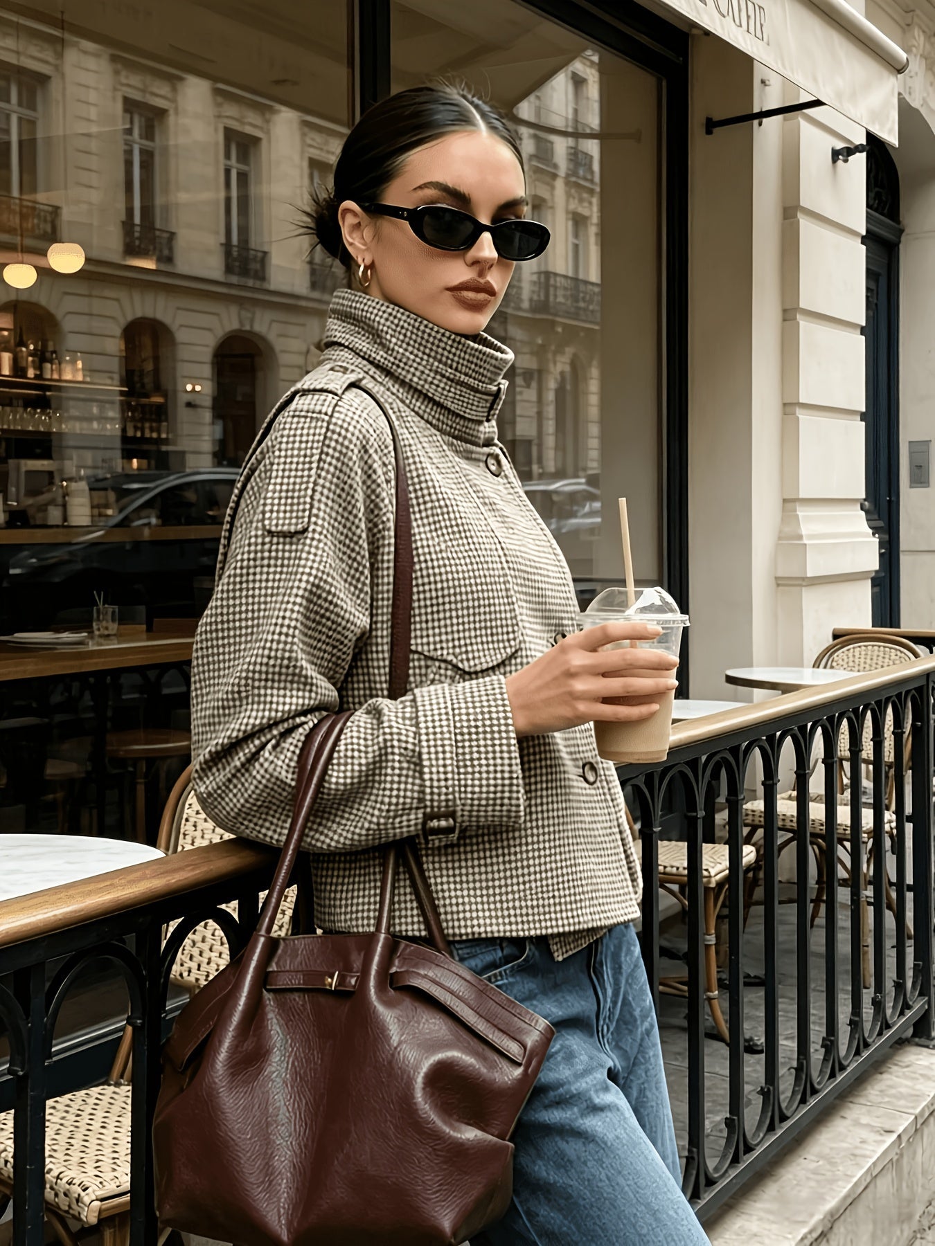 Clarissa Bellamy | Houndstooth Stand-Collar Cropped Jacket