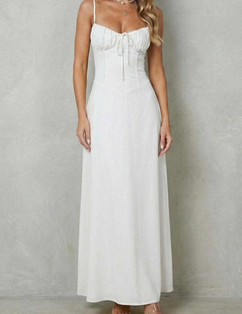 Elspeth Fairwood | Butter Yellow Corset Maxi Dress with Ruched Tie Bust