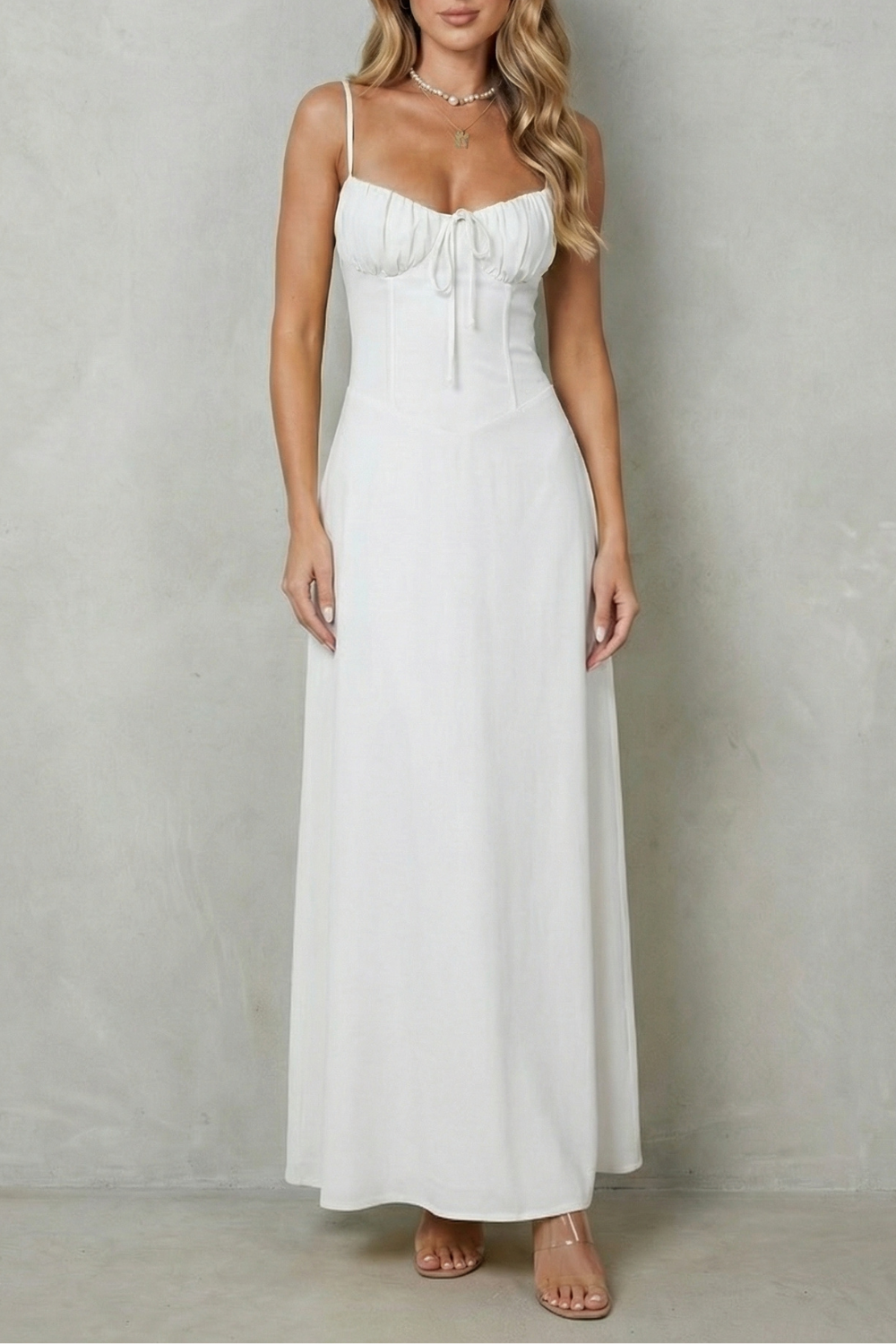 Elspeth Fairwood | Butter Yellow Corset Maxi Dress with Ruched Tie Bust