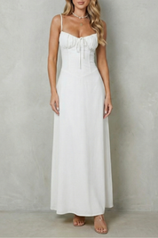 Elspeth Fairwood | Butter Yellow Corset Maxi Dress with Ruched Tie Bust