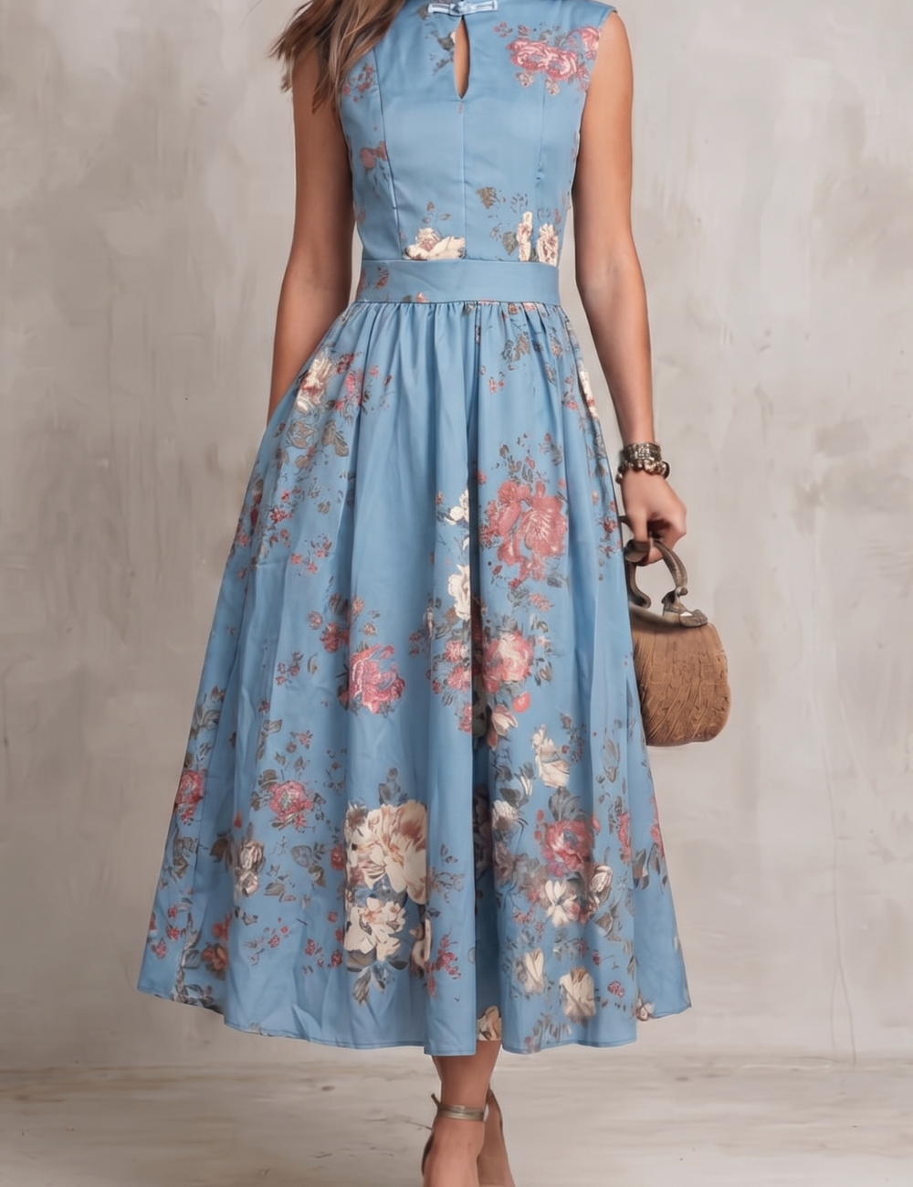 Iris Sutton | Black Floral Satin Midi Dress with Keyhole Neckline