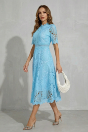 Cecily Hartwood | Hot Pink Lace High-Neck Midi Dress