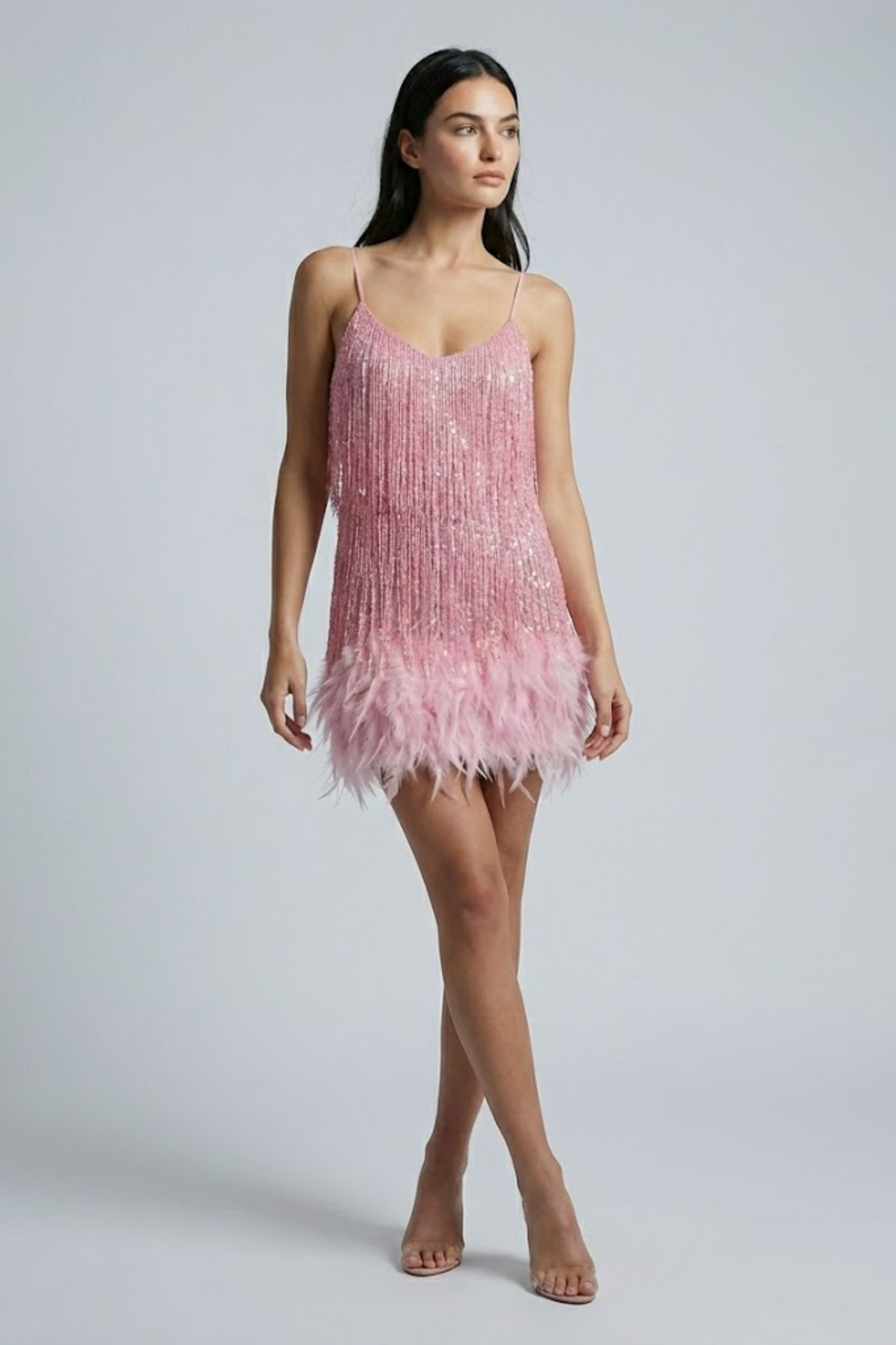 Phoebe Harrison | Emerald Sequin Feather Trim Mini Dress