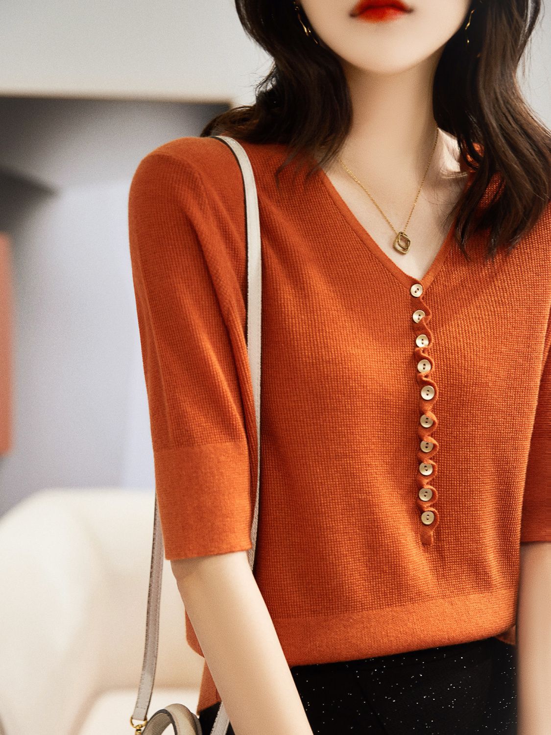 Georgina Hughes | Green Knit V-Neck Button Top