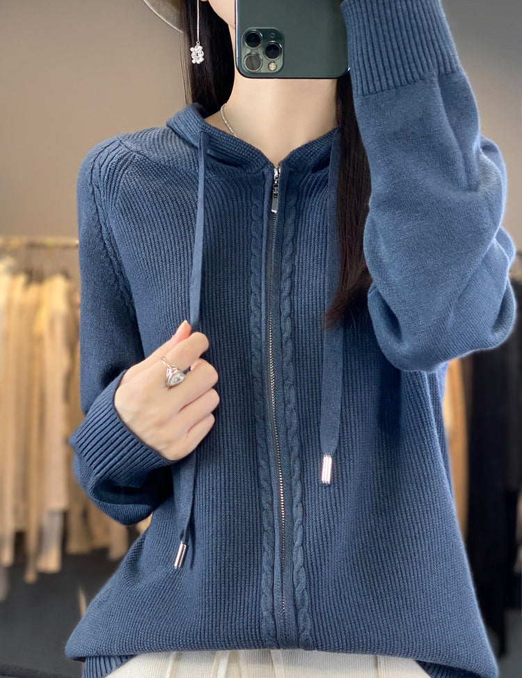 Harriet Turner | Gilet à capuche beige en maille torsadée, zippé