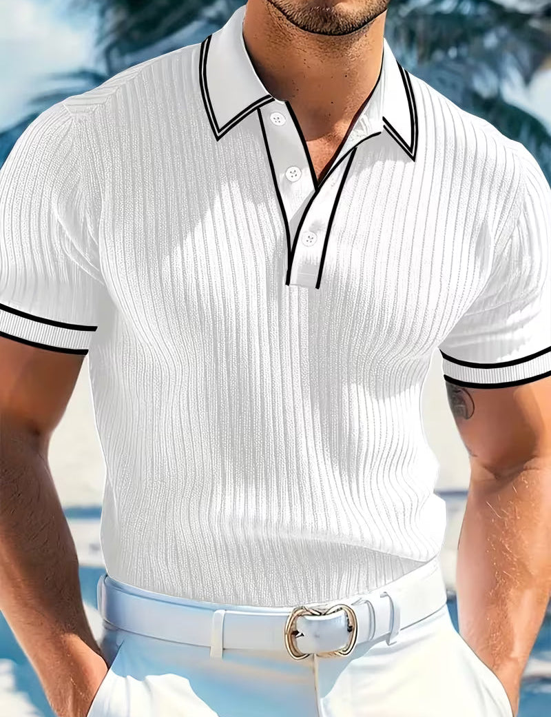 Oliver Blackstone | Men's Ribbed Knit Polo Shirt in Navy