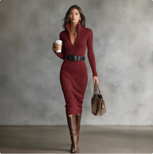 Rosie Clarke | Ribbed Knit V-Neck Midi Dress
