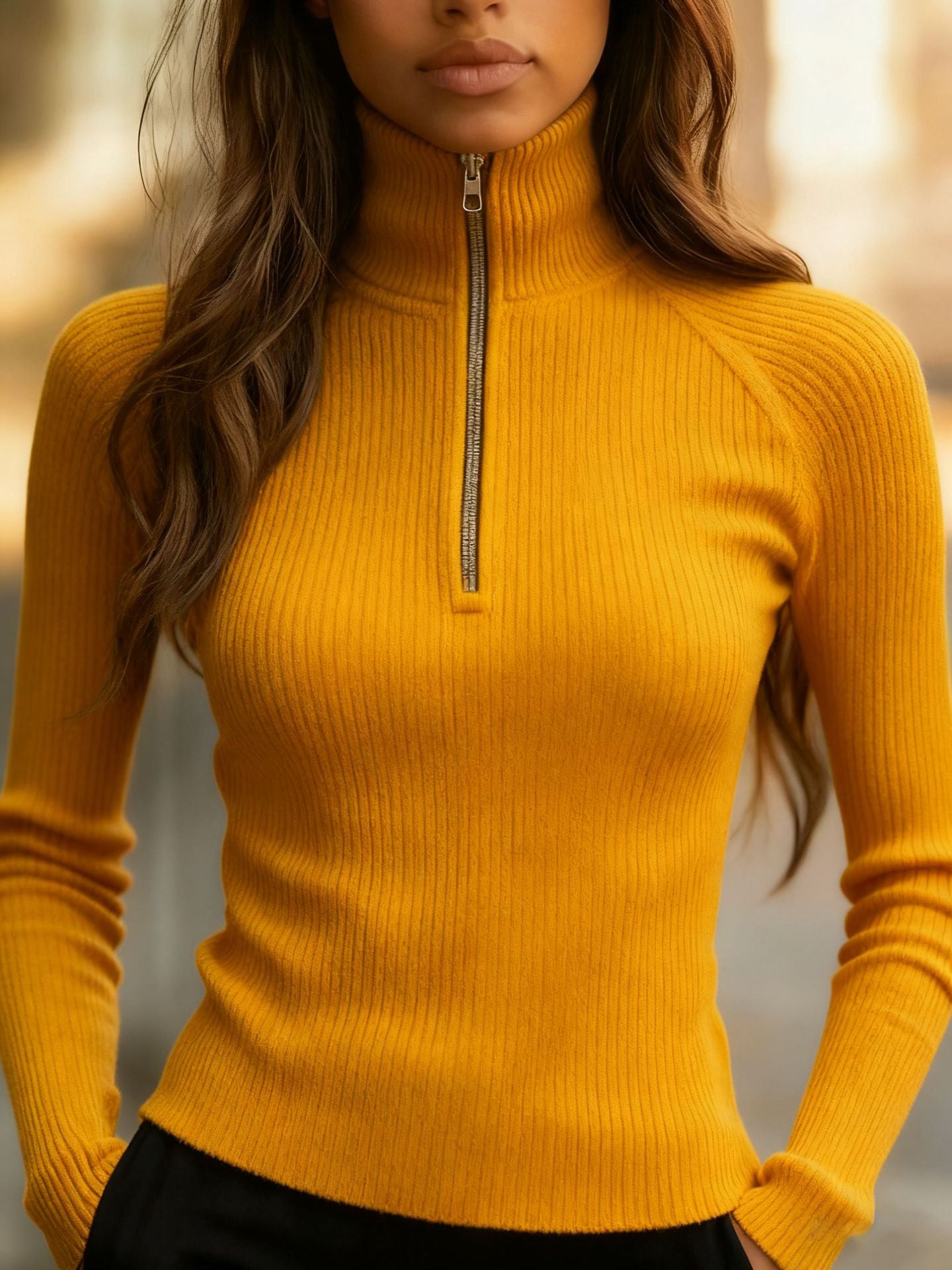 Cecily Wilson | Ribbed Knit Zip Mock Neck Top For Women