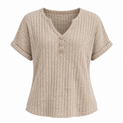 Aisling Doyle | Haut en tricot côtelé à col en V boutonné