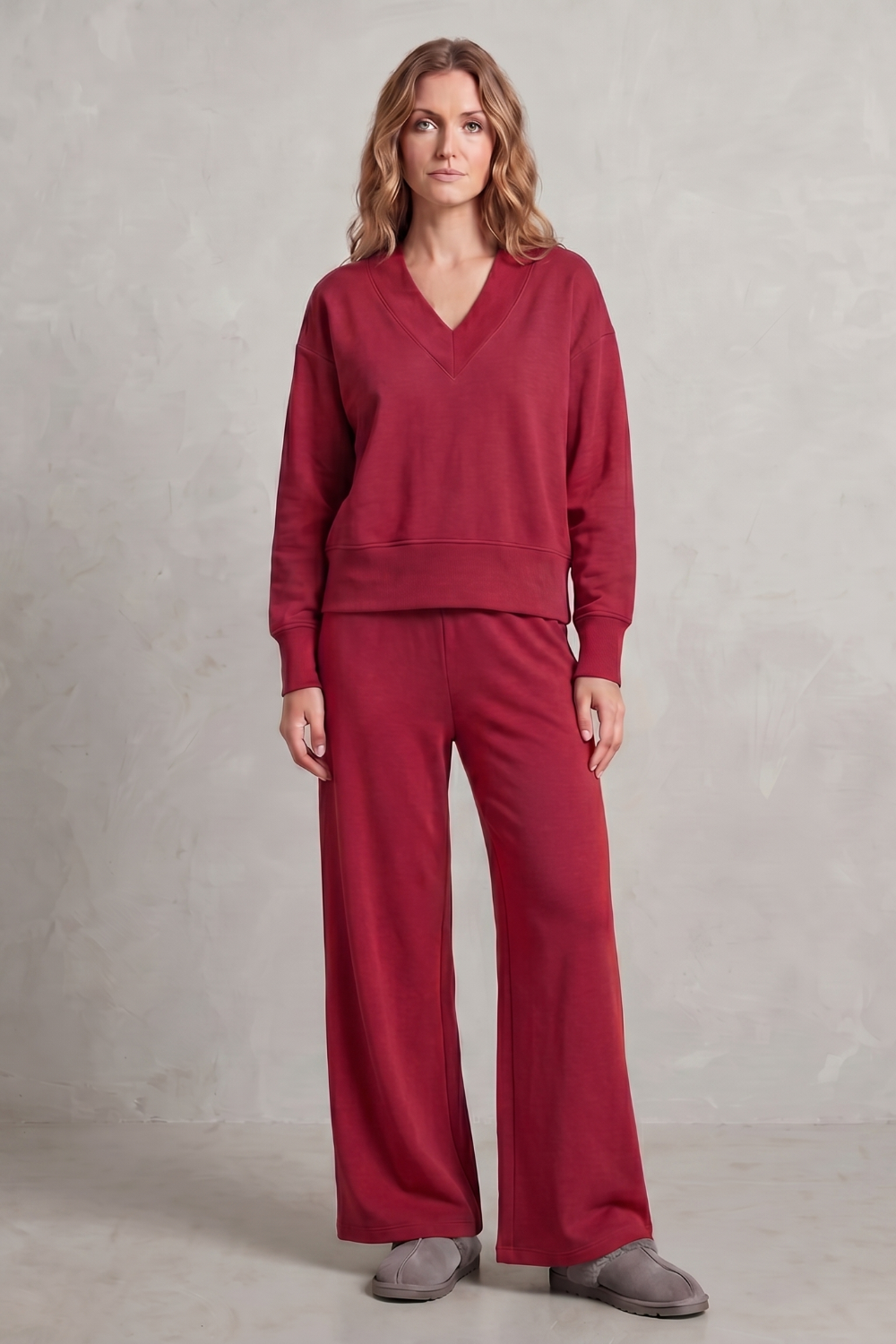 Lydia Campbell | Grey Wide-Leg Lounge Set with V-Neck Sweatshirt