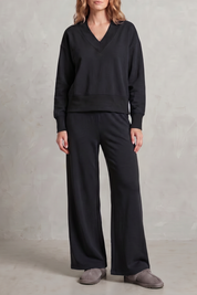 Lydia Campbell | Grey Wide-Leg Lounge Set with V-Neck Sweatshirt