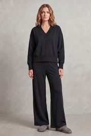 Lydia Campbell | Grey Wide-Leg Lounge Set with V-Neck Sweatshirt