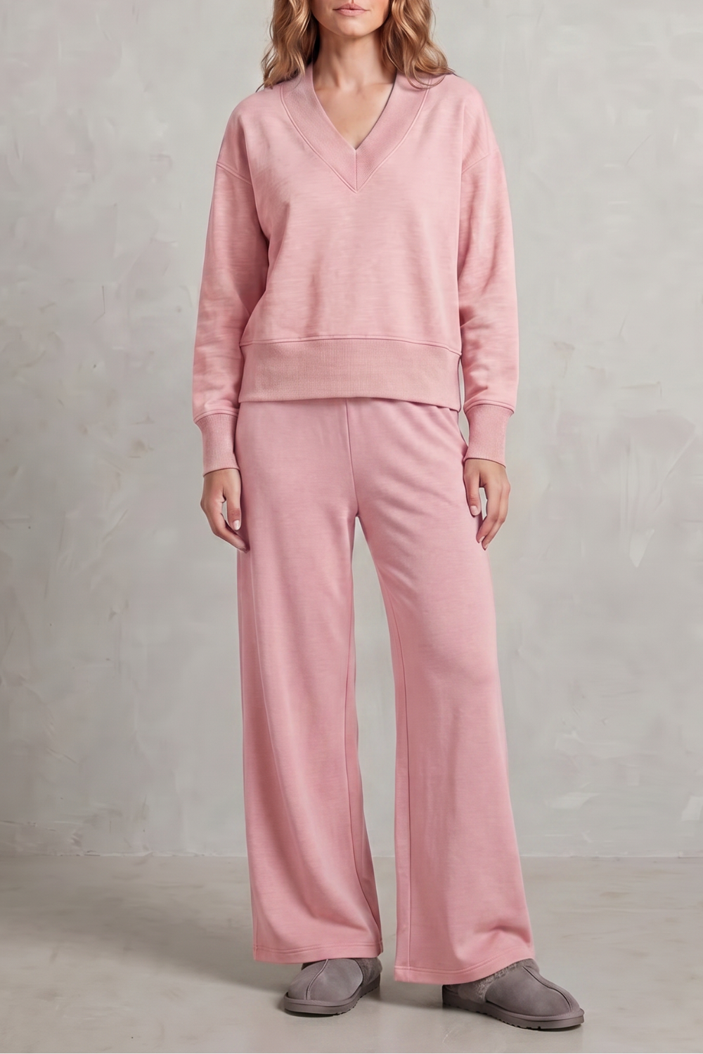 Lydia Campbell | Grey Wide-Leg Lounge Set with V-Neck Sweatshirt