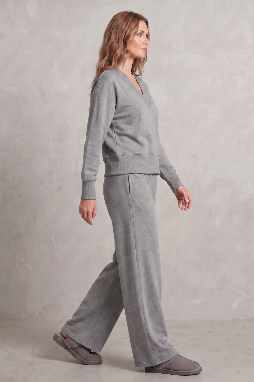 Lydia Campbell | Grey Wide-Leg Lounge Set with V-Neck Sweatshirt